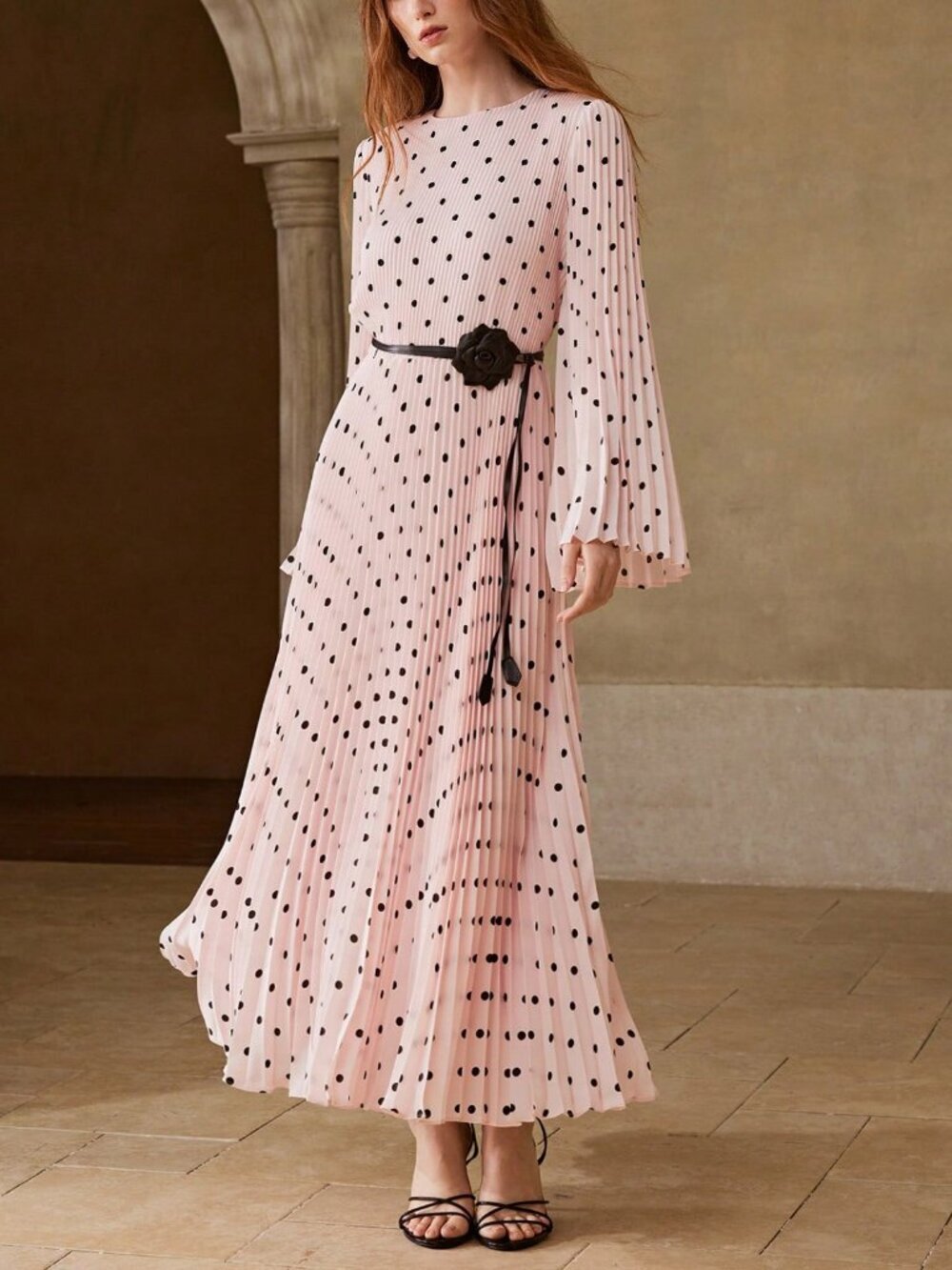 Pink Elegant Women's Premium Polka Dot Print Pleated Long Sleeve Dress - Picture 5 of 7